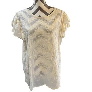 Solitaire Top Blouse Shirt Womens Large Ivory White Embroidered Floral Ruffle